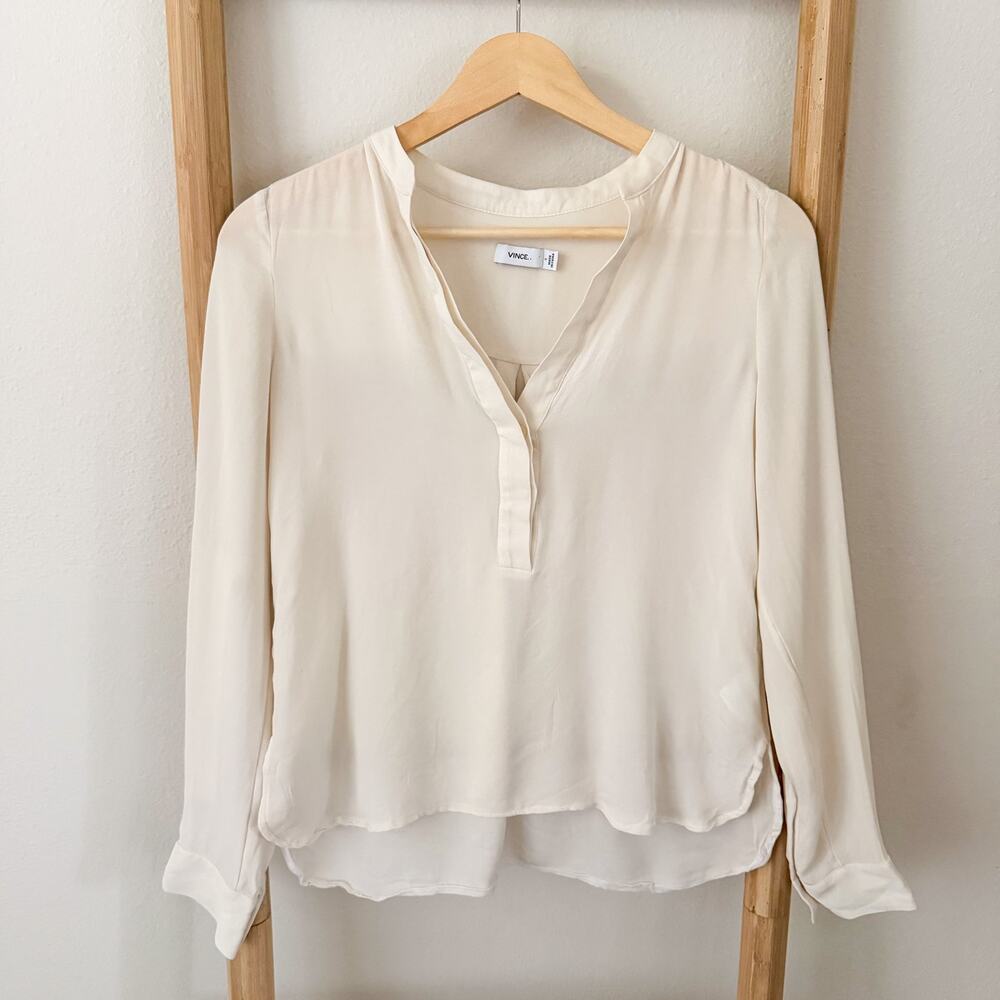Vince 100% Silk Blouse Size 2 Ivory Cream Split Neck Long Sleeve Top